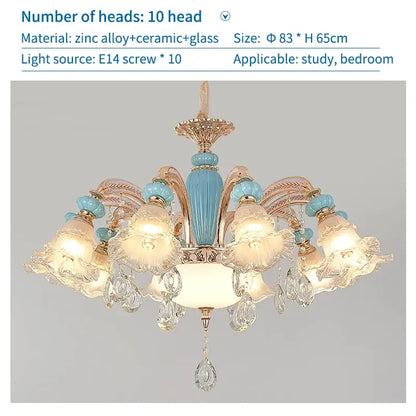 Elegant blue and gold duplex ceramic crystal pendant lamp with crystal droplets for modern living room lighting
