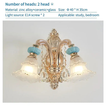Ornate gold-toned duplex ceramic crystal pendant lamp with two frosted glass shades and turquoise ceramic beads for living room