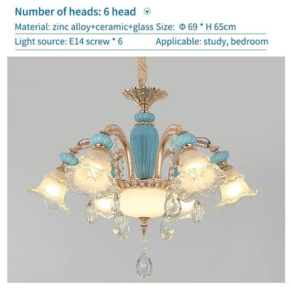 Modern gold and blue duplex ceramic crystal pendant lamp with six-arm gold-toned frame and turquoise ceramic accents