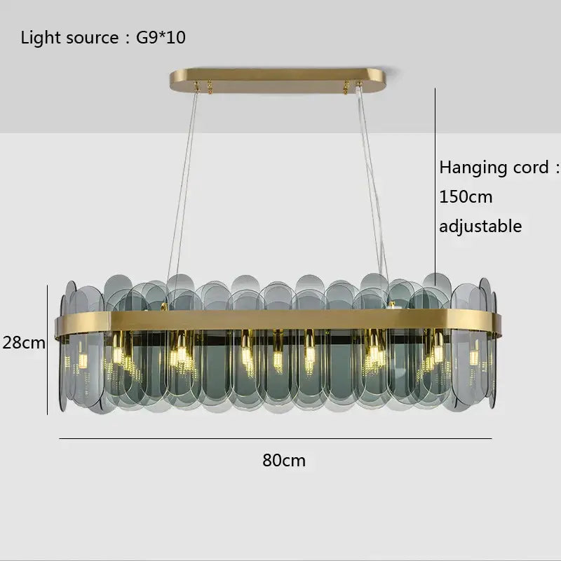Modern gold and blue glass chandelier with gold-toned metal frame and gray glass discs lighting solution for dining table