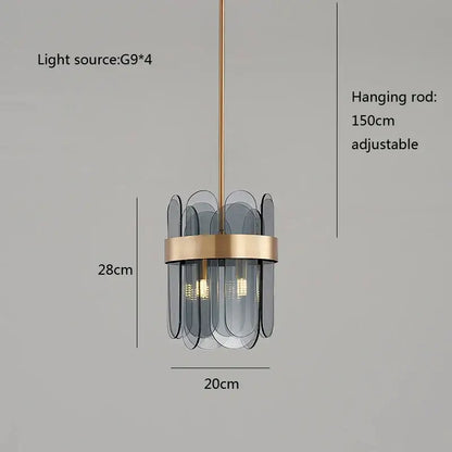 Modern gold and blue glass chandelier with brass frame and gray glass panels enhances dining experience lighting solution