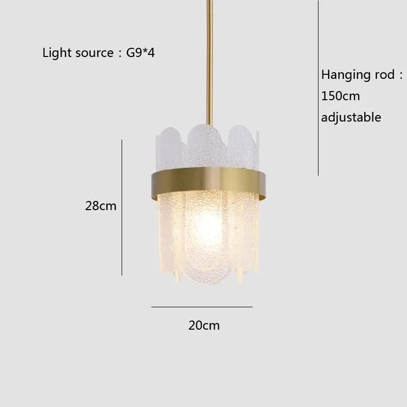 Modern gold and blue glass chandelier featuring a gold-toned pendant light with textured frosted glass shade for dining table lighting solution