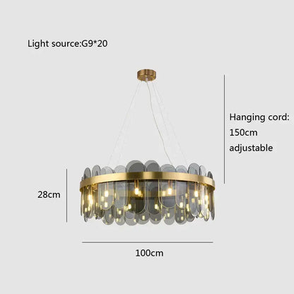 Modern gold and blue glass chandelier with circular frame and translucent leaf glass panels for dining experience lighting solution