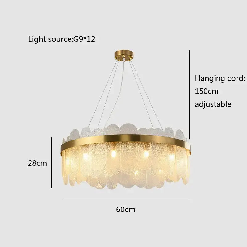Modern gold and blue glass chandelier with frosted leaf-shaped shades and brass frame for enhanced dining experience lighting solution