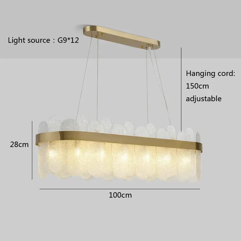Modern gold-toned glass chandelier with frosted leaf shades and 12 g9 bulbs perfect for dining table lighting solution