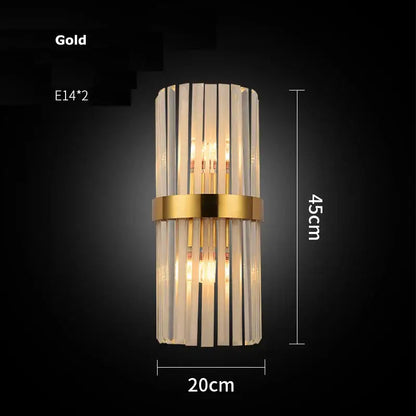 Modern gold and clear crystal led wall sconce with vertical translucent bars and central gold band for bedroom light decorbites crystal led