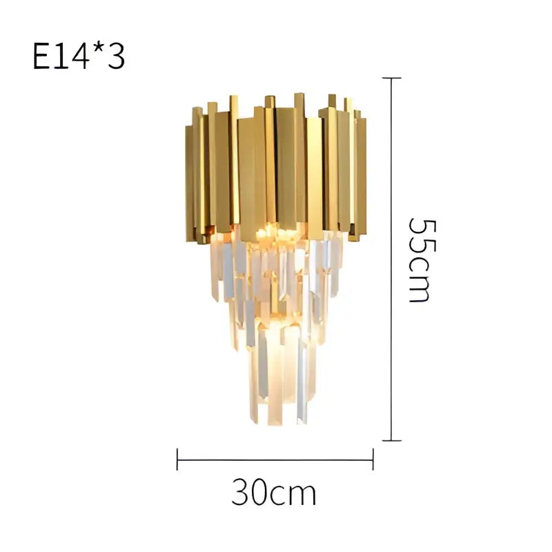 Modern gold and clear crystal led wall sconce with three vertical arms and cascading prisms for bedroom decorbites crystal led