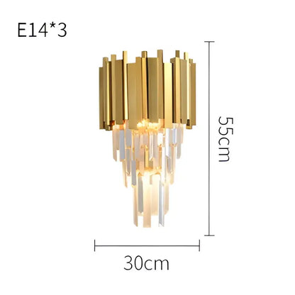 Modern gold and clear crystal led wall sconce with three vertical arms and cascading prisms for bedroom decorbites crystal led