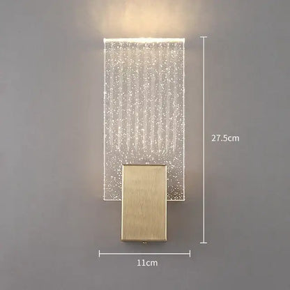 Modern gold and clear glass led wall lamp with rectangular acrylic panel and brushed gold base for bedroom sconce lighting