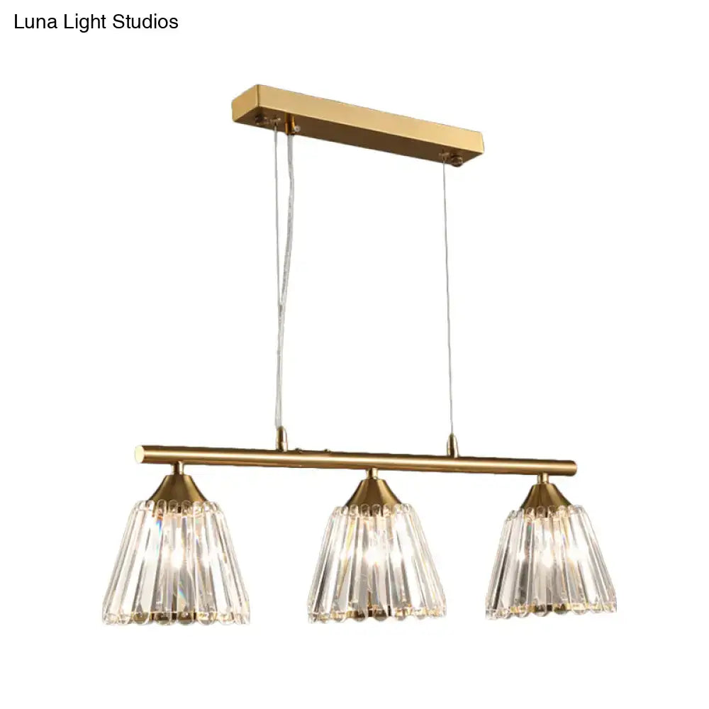 Modern gold and crystal pendant light with three fringed shades suspended from a bar for dining room 220v-240v