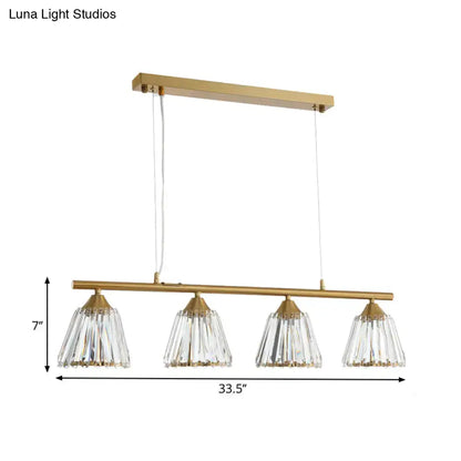 Modern gold pendant light with four clear faceted crystal shades on a horizontal bar 220v-240v for dining room