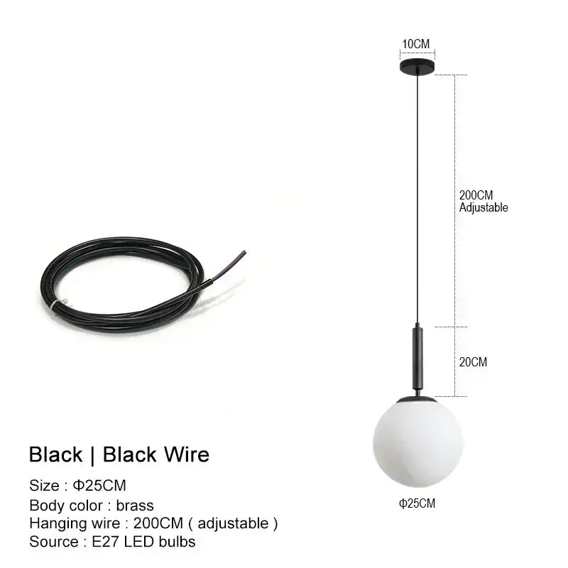 Black spherical globe pendant light with brass body and adjustable black wire complementing frosted glass design