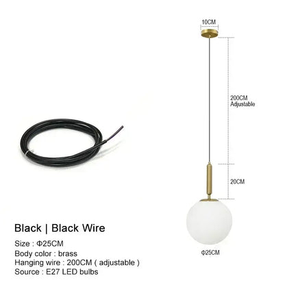 Modern gold pendant light with frosted glass globe and black adjustable wire for kitchen island lighting