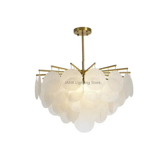 Modern gold and frosted glass led chandelier with layered frosted discs and brass fixture for dining room lighting