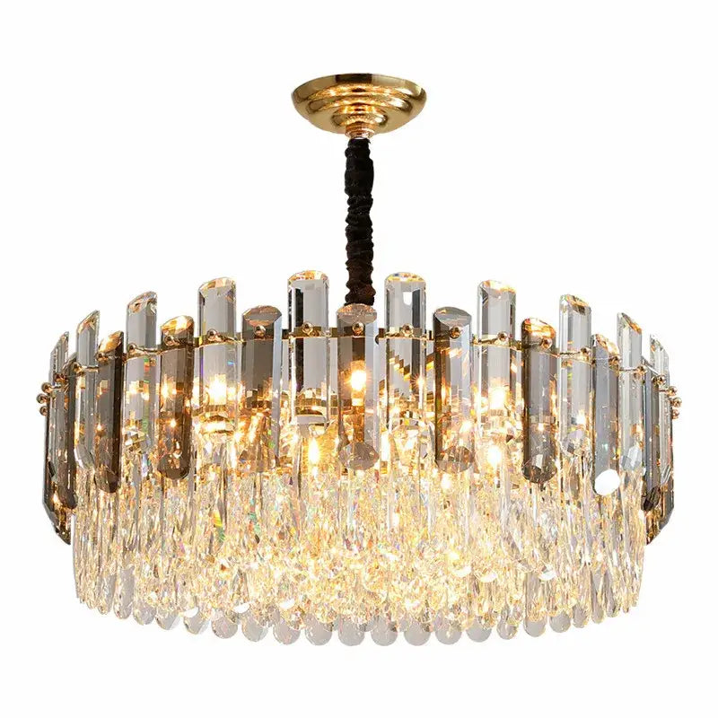 Modern gold and gray clear crystal pendant lamp with crystal k9 led rods and teardrop crystals on black braided cord