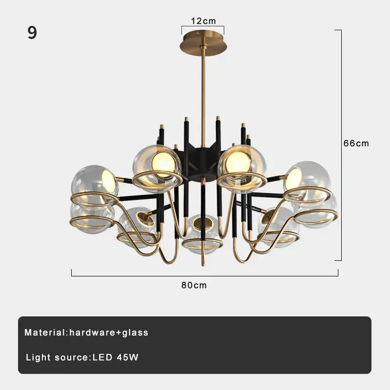 Modern gold and gray glass ceiling chandelier with black frame, gold metal arms, and clear glass globe shades for living room decorbites gray glass