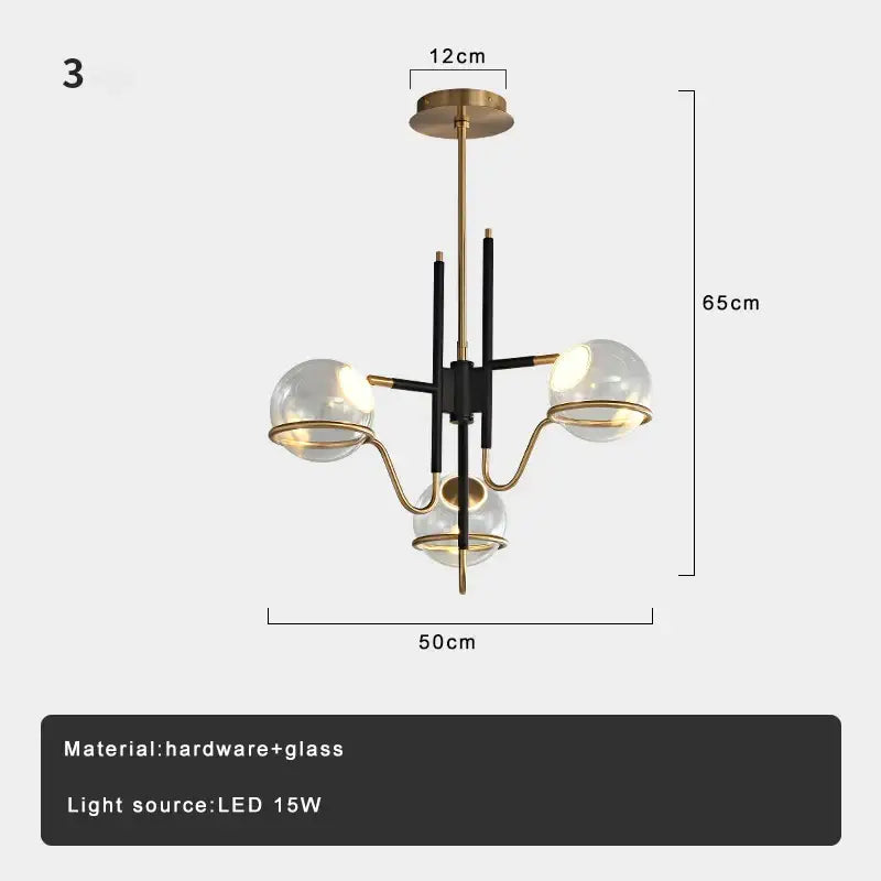 Modern black and gold glass ceiling chandelier with three spherical shades for living room decorbites gray glass lighting
