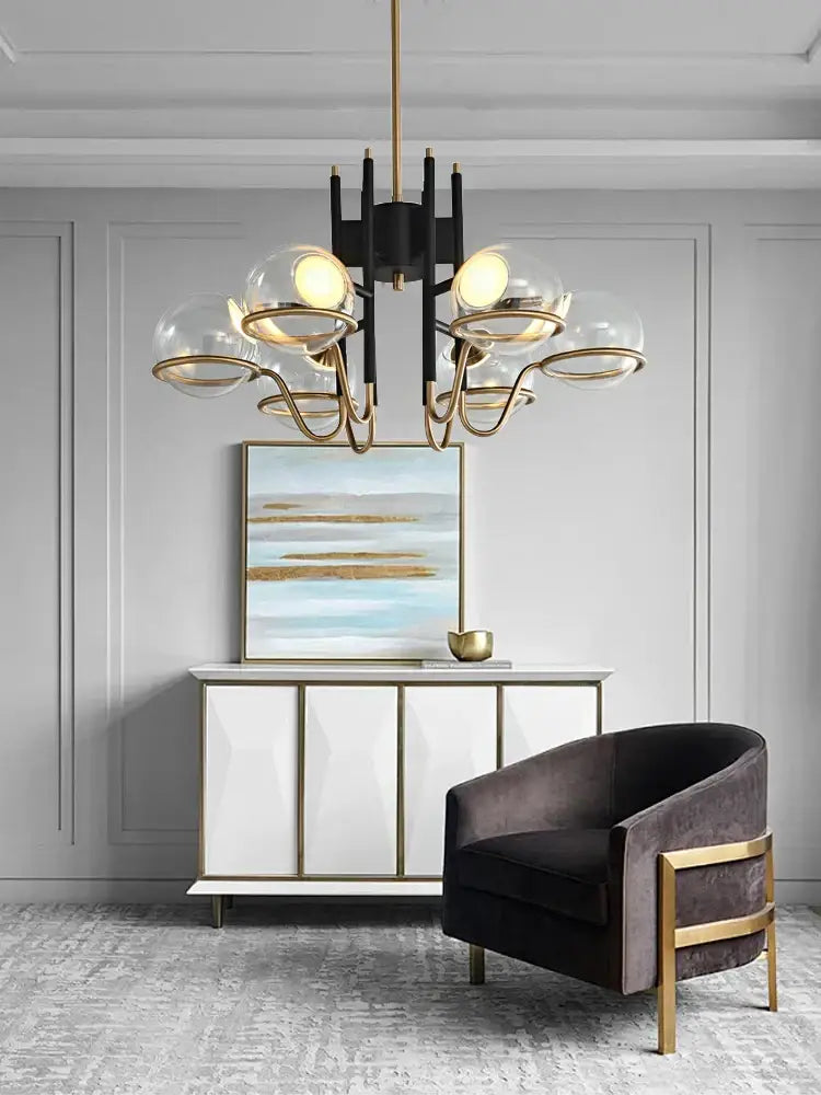 Modern gold and gray glass ceiling chandelier with black frame and spherical glass shades for living room decorbites gray glass