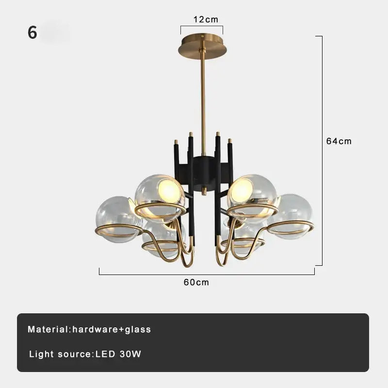 Modern gold and gray glass ceiling chandelier with black frame and five clear glass globes for decorbites gray glass interiors
