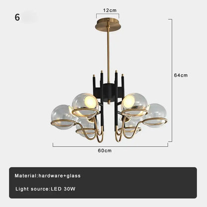 Modern gold and gray glass ceiling chandelier with black frame and five clear glass globes for decorbites gray glass interiors