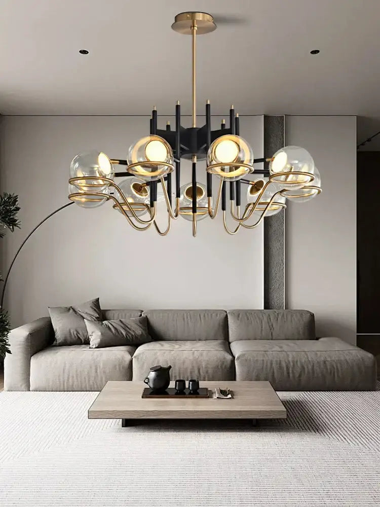 Modern gold and gray glass ceiling chandelier with metal arms and spherical decorbites gray glass globes for living room decor