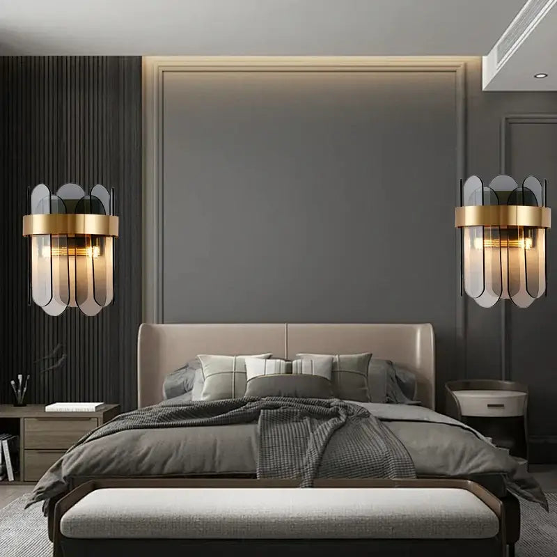 Modern gold and gray glass wall lamp with petal-shaped translucent glass panels for living room leaf sconce lighting