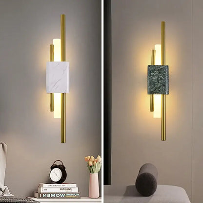 Modern gold and green marble wall lamp with metal frame and marble accent panel for bedroom sconce lighting
