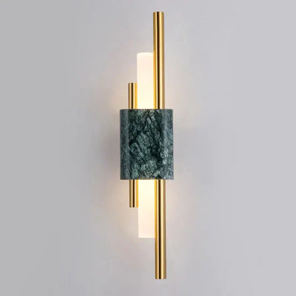 Modern gold wall lamp featuring green marble accent band and gold-toned metal rods for elegant bedroom lighting