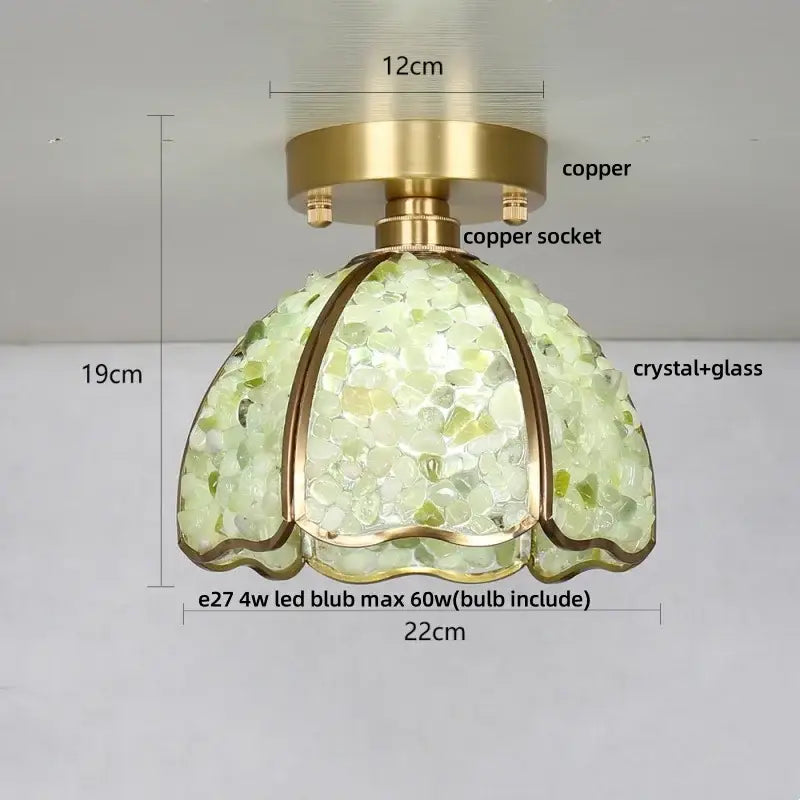Modern gold and pale green glass mosaic ceiling light with copper canopy led and delicate crystal detailing for bedroom decor