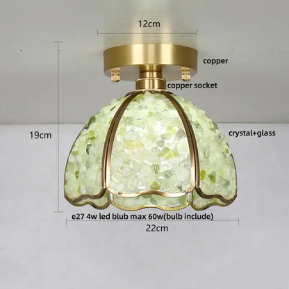 Modern gold and pale green glass mosaic ceiling light with copper canopy led and delicate crystal detailing for bedroom decor