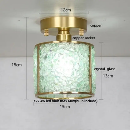 Modern gold and pale green glass mosaic ceiling light with decorbites copper canopy led and textured crystal glass shade