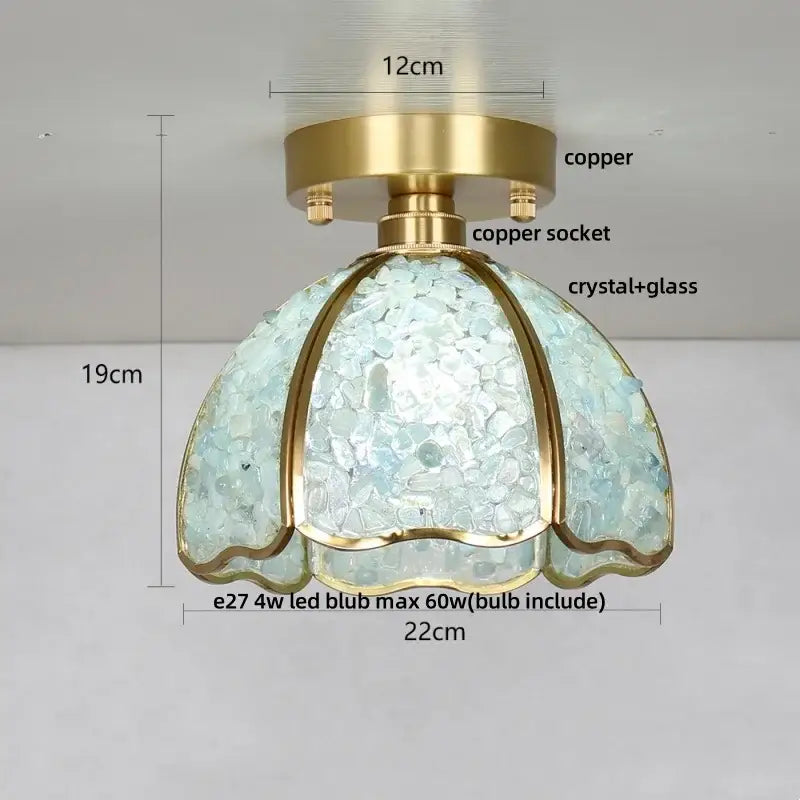 Modern gold and pale green glass mosaic ceiling light with decorbites copper canopy led and a translucent blue crystal dome shade