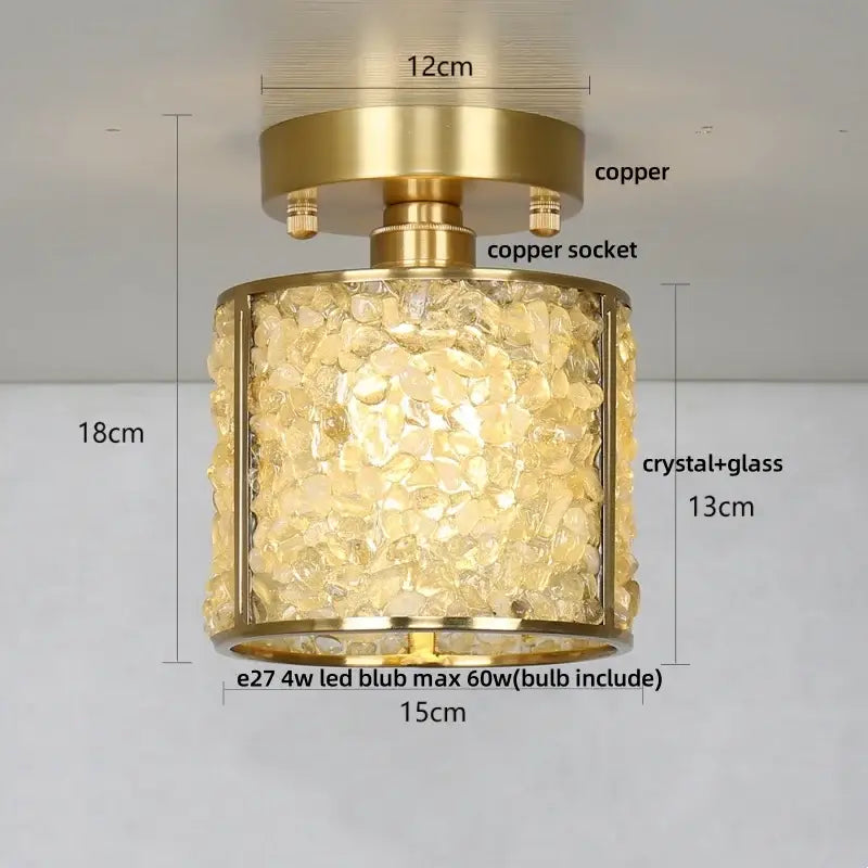 Cylindrical ceiling light with brass copper finish and ornate crystal glass body for bedroom decorbites copper canopy led