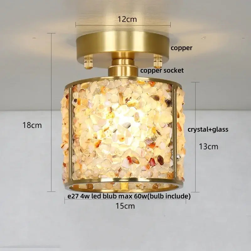Modern gold and pale green glass mosaic ceiling light with decorbites copper canopy led and intricate crystal body