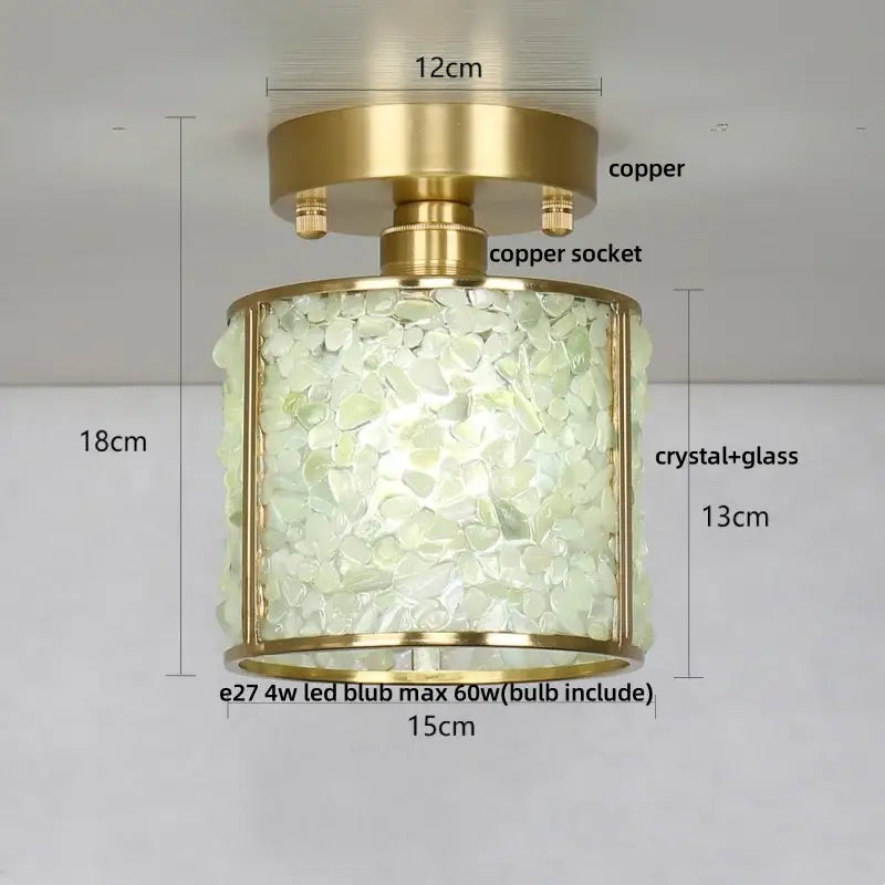 Modern gold and pale green glass mosaic ceiling light with decorbites copper canopy led and illuminated crystal body