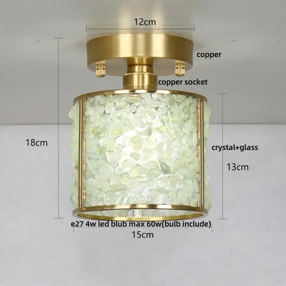 Modern gold and pale green glass mosaic ceiling light with decorbites copper canopy led and illuminated crystal body