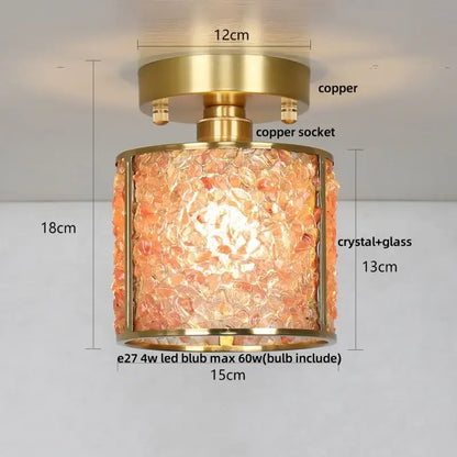 Modern gold and pale green glass mosaic ceiling light with decorbites copper canopy led and orange crystal glass shade