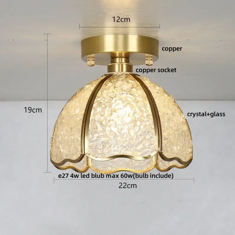 Modern gold and pale green glass mosaic ceiling light with a copper canopy led and textured crystal glass shade for bedroom decor
