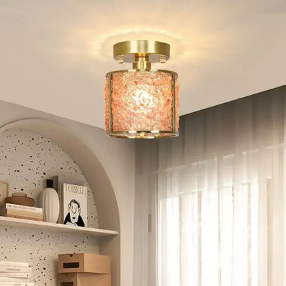 Modern gold and pale green glass mosaic ceiling light with warm peach glass shade and decorbites copper canopy led trim