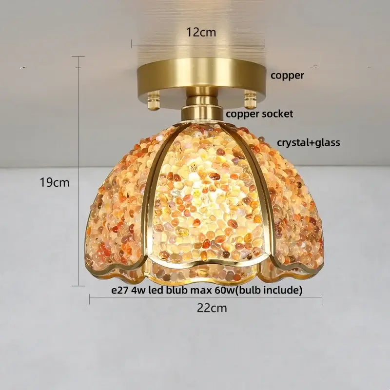 Modern gold and pale green glass mosaic ceiling light with warm copper canopy led and amber crystal dome shade for bedroom decor