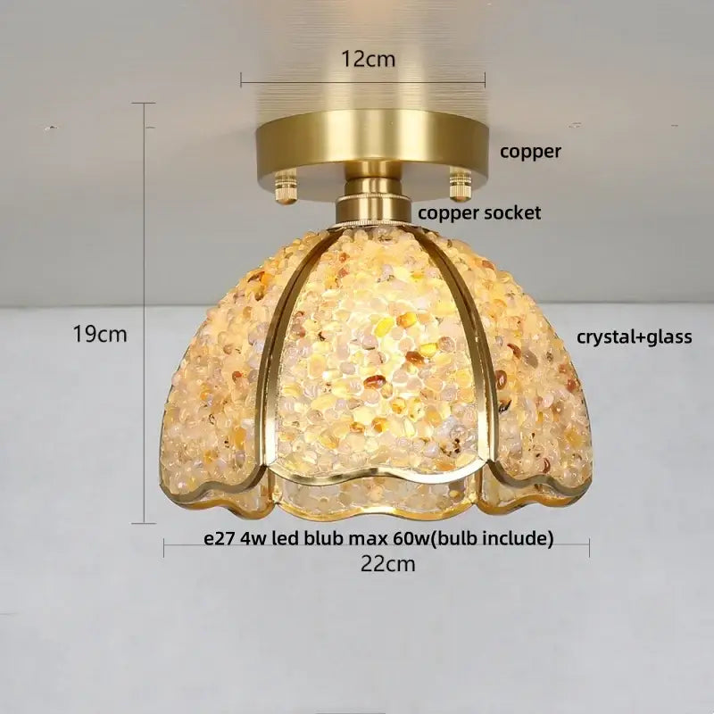 Modern gold and pale green glass mosaic ceiling light with decorbites copper canopy led and amber crystal-glass shade