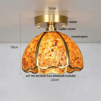 A warm amber mosaic glass ceiling light with brass copper socket and decorbites copper canopy led fixture