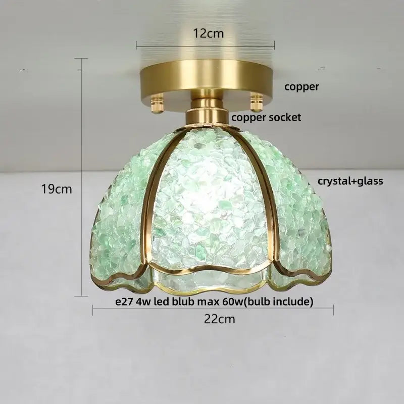 A delicate mint-green column glass crystal ceiling light with brass copper finish and scalloped decorbites design