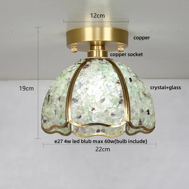 Modern gold and pink column glass crystal ceiling light with greenish crystal dome shade and copper base for bedroom decorbites column glass