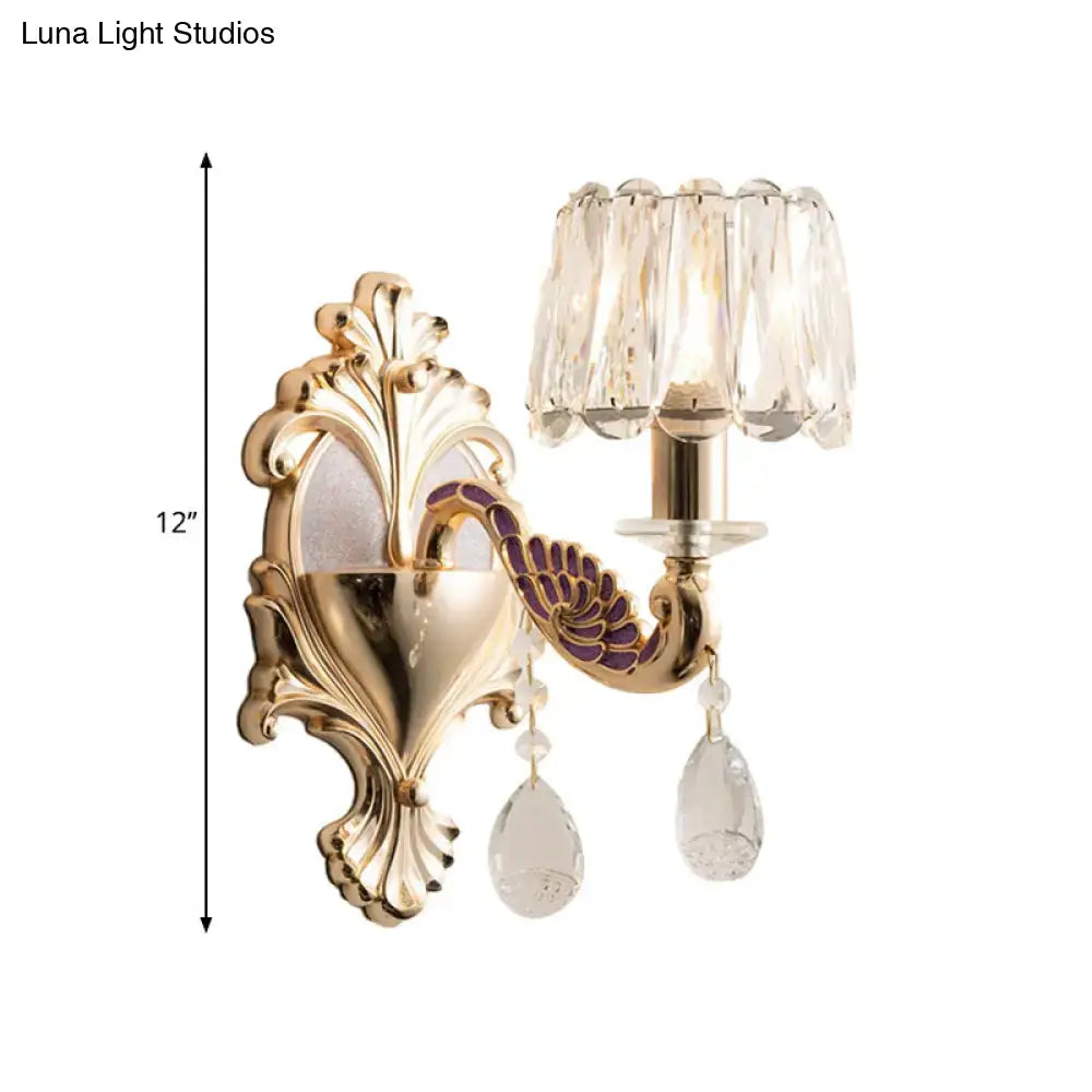 Modern gold wall sconce with ornate leaf design, crystal chandelier drum shade compatible with e12 e14 bulbs