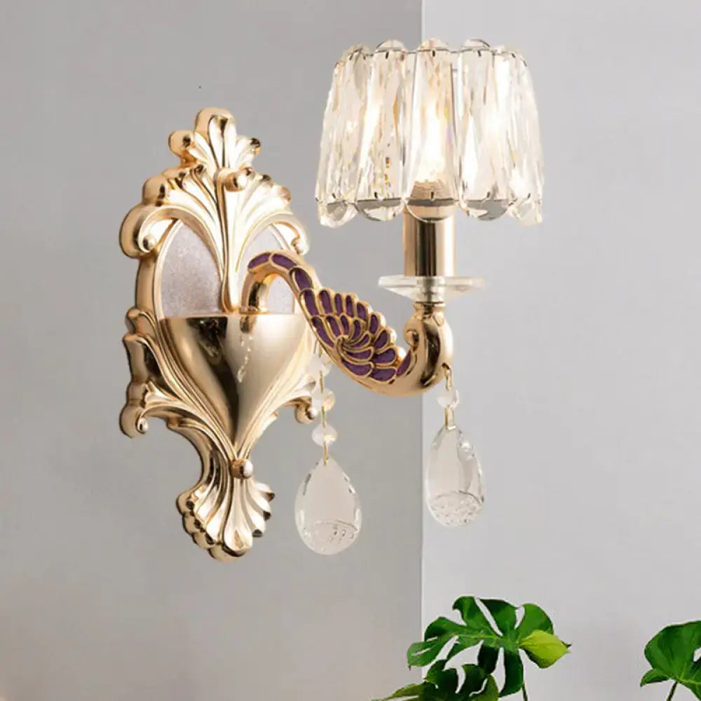 Modern gold and purple peacock wall sconce with drum shade e12 e14 featuring crystal droplets and enamel accents