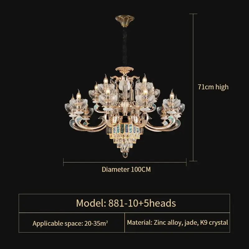Elegant 71cm-high modern gold and teal decorbites crystal candle chandelier with zinc alloy arms and k9 crystal flowers