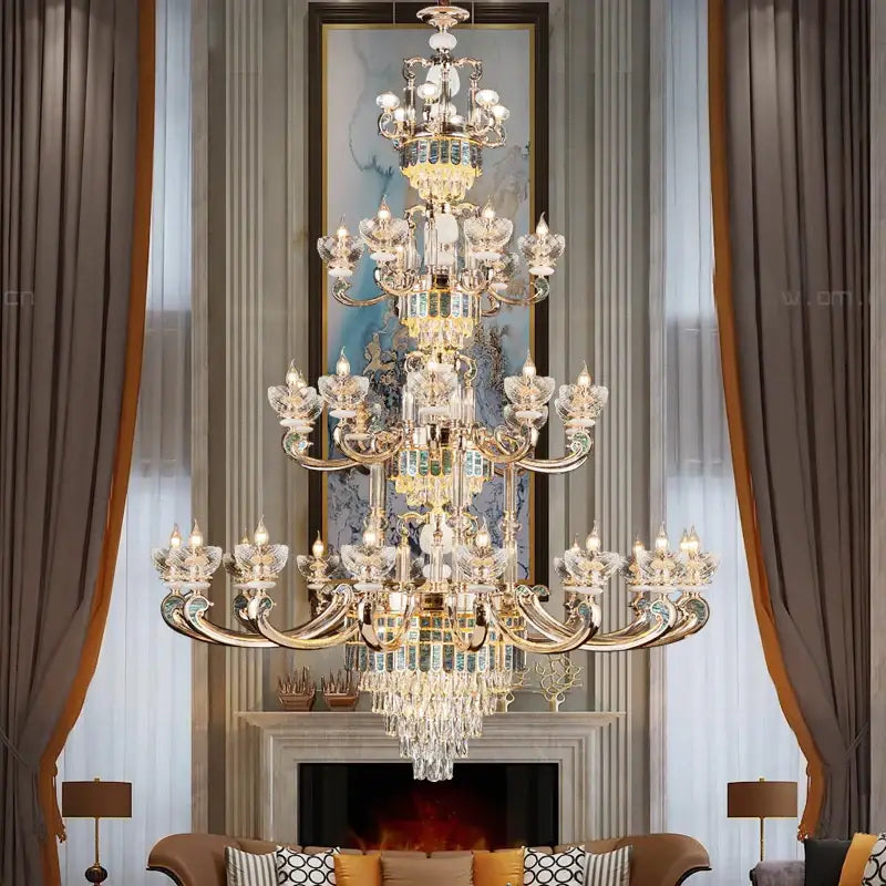 Modern gold and teal crystal candle chandelier with multi-tiered gold-toned arms and colored glass prisms decorbites crystal candle