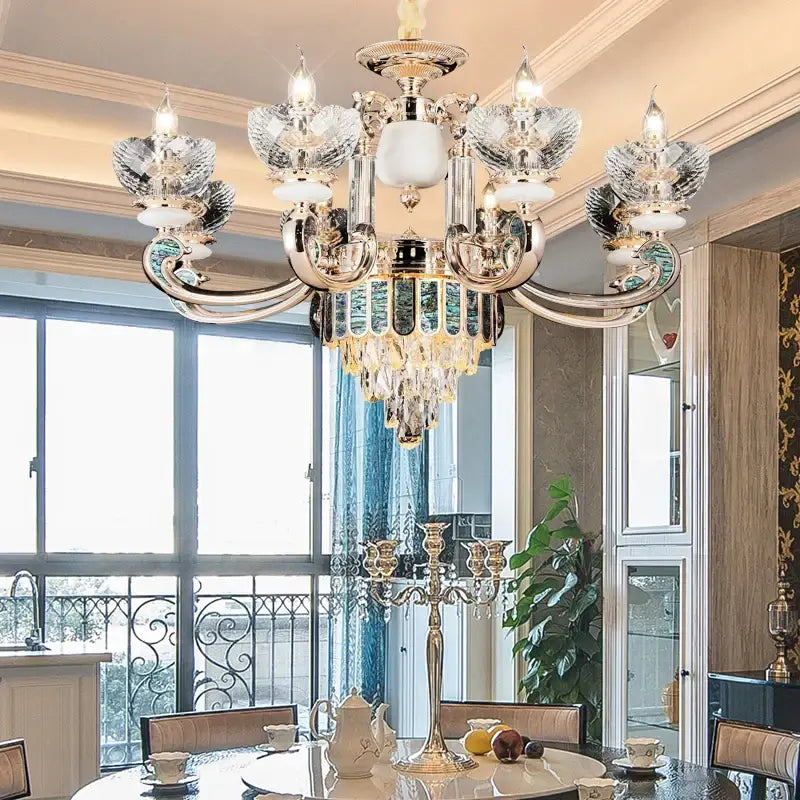 Modern gold and teal crystal candle chandelier with ornate multi-armed design featuring decorbites crystal accents for living room decor