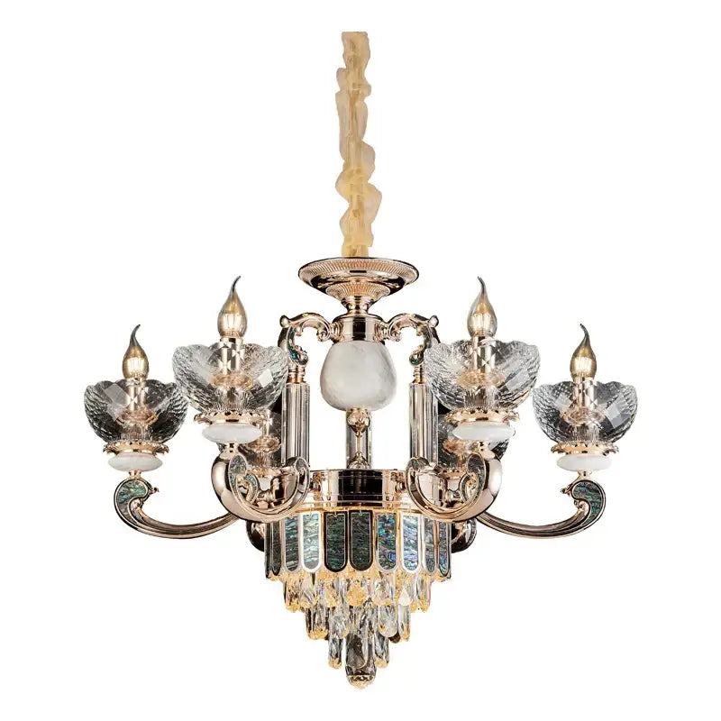 Modern gold and teal crystal candle chandelier with rose gold five-arm design and crystal flower-shaped shades by decorbites crystal candle